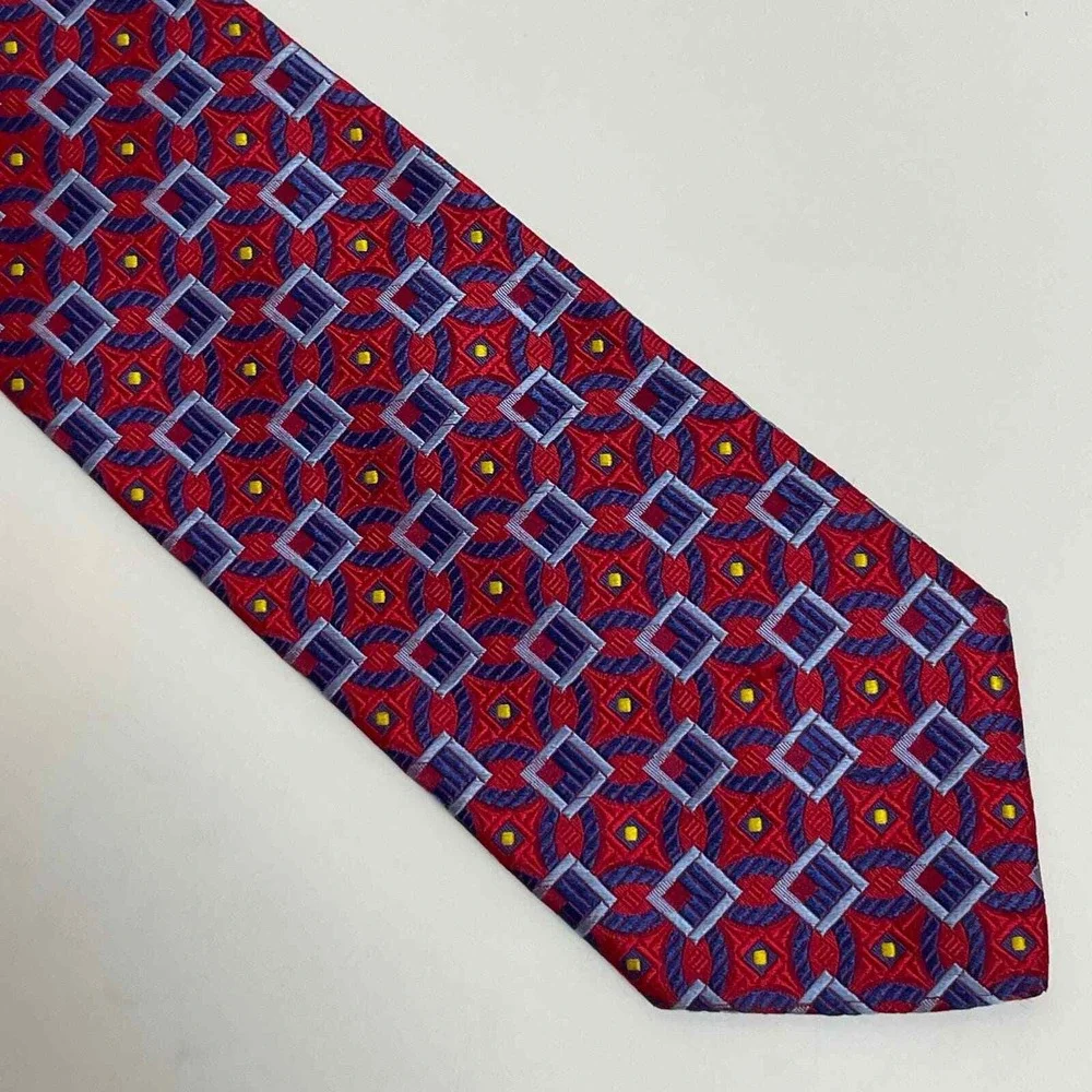 Robert Talbott Nordstrom Necktie Red Blue Yellow Squares Batik Geometric